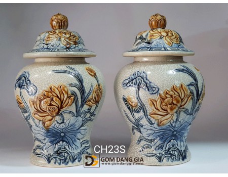 Chóe thờ men rạn cổ đắp nổi hoa sen Chóe thờ men rạn cổ đắp nổi hoa sen